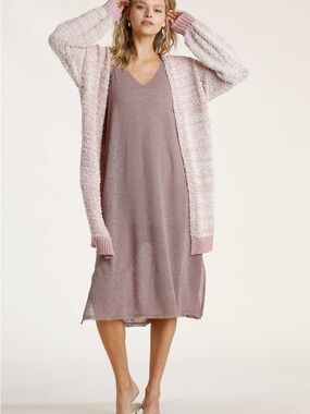 Umgee Dusty Pink Knit Slip Dress with Plush Pink Cardigan
